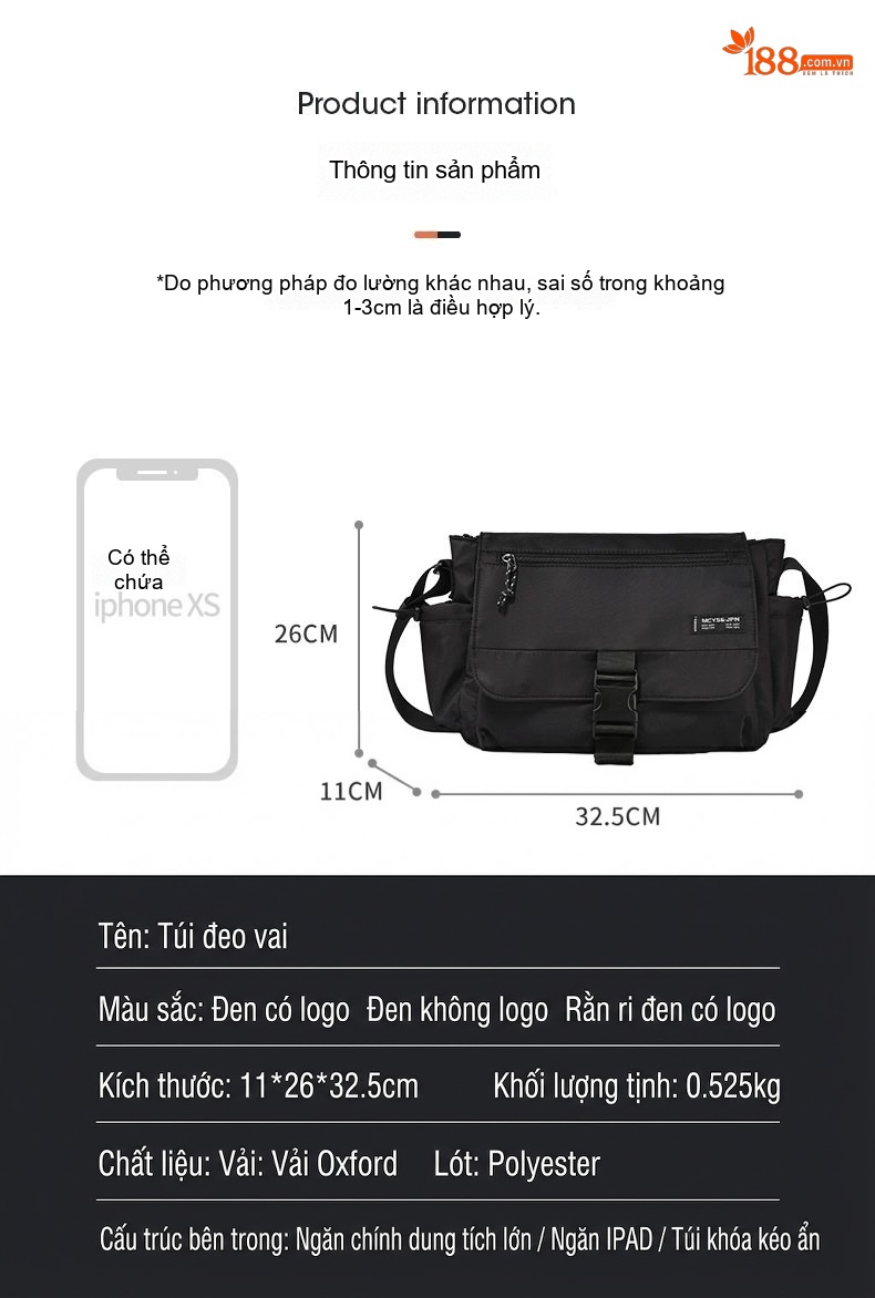 Túi Đeo Chéo Nam Nữ Vải Dù Phong Cách Nhật Bản, Túi Messenger Đựng Laptop, Túi Du Lịch, Túi Tote Đa Năng - Màu Đen chi tiết 10