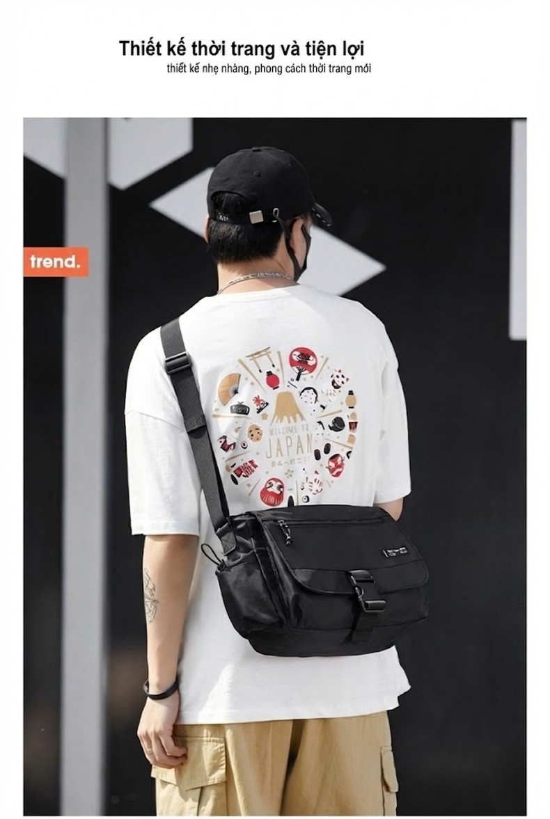 Túi Đeo Chéo Nam Nữ Vải Dù Phong Cách Nhật Bản, Túi Messenger Đựng Laptop, Túi Du Lịch, Túi Tote Đa Năng - Màu Đen chi tiết 5