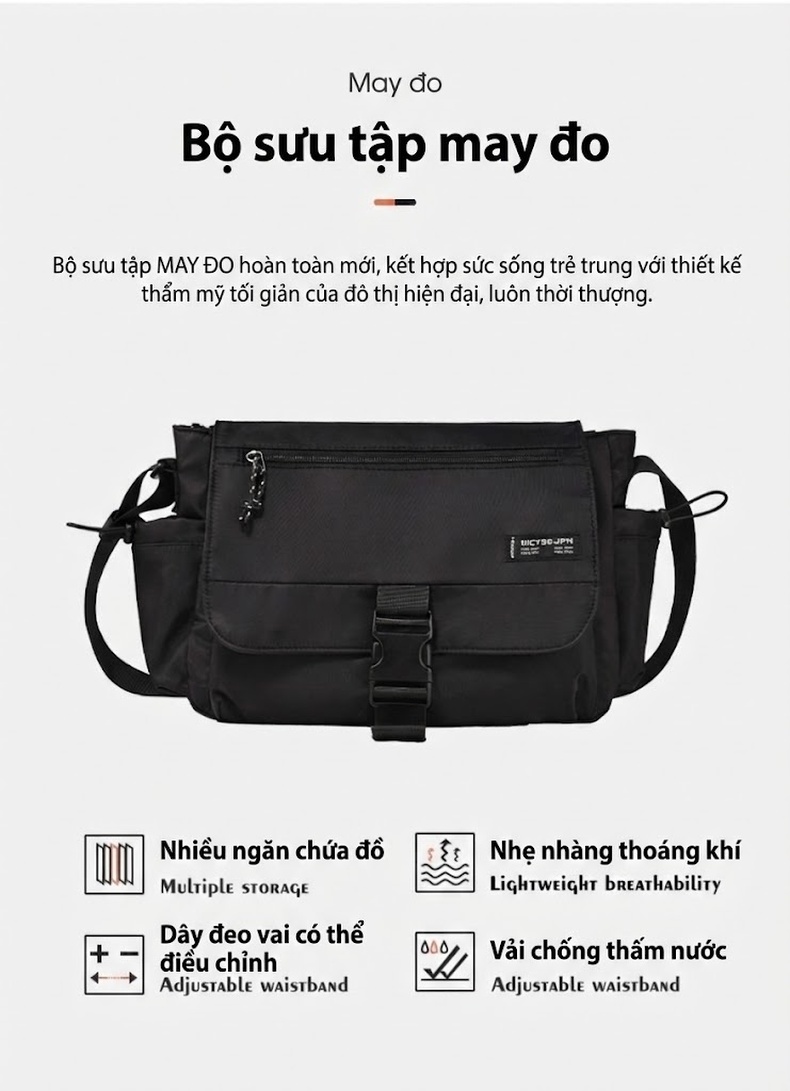 Túi Đeo Chéo Nam Nữ Vải Dù Phong Cách Nhật Bản, Túi Messenger Đựng Laptop, Túi Du Lịch, Túi Tote Đa Năng - Màu Đen chi tiết 7