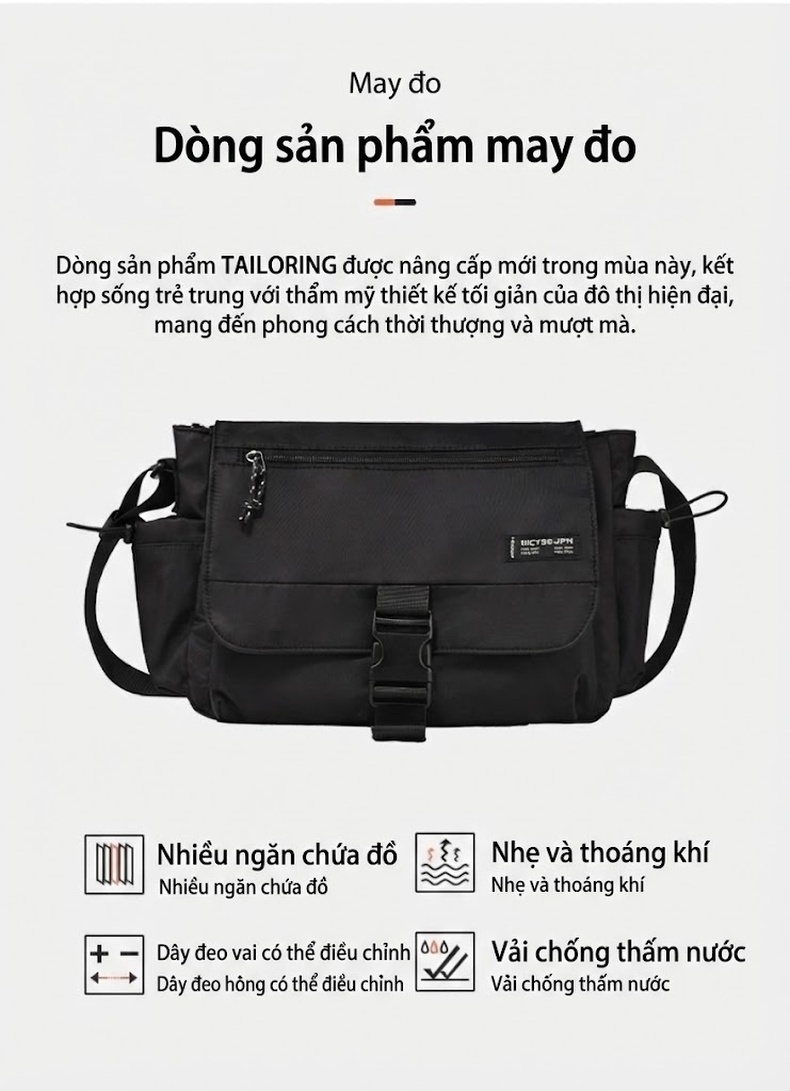 Túi Đeo Chéo Nam Nữ Vải Dù Phong Cách Nhật Bản, Túi Messenger Đựng Laptop, Túi Du Lịch, Túi Tote Đa Năng - Màu Đen chi tiết 8