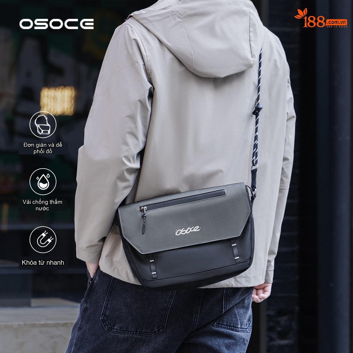 Túi Đeo Chéo Nam OSOCE Vải Chống Thấm Nước Phong Cách Casual Màu Đen, Xám