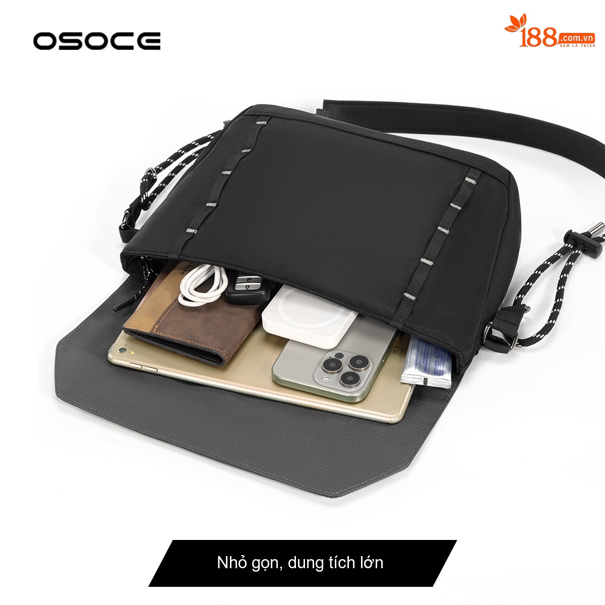 Túi Đeo Chéo Nam OSOCE Vải Chống Thấm Nước Phong Cách Casual Màu Đen, Xám