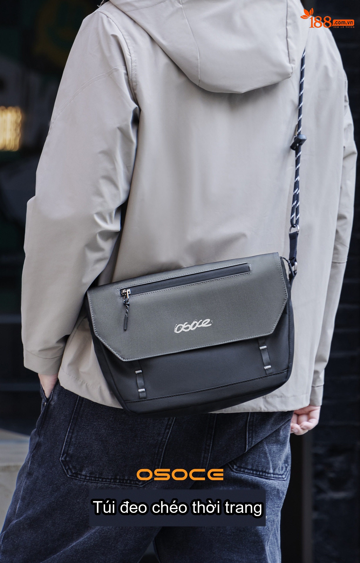 Túi Đeo Chéo Nam OSOCE Vải Chống Thấm Nước Phong Cách Casual Màu Đen, Xám chi tiết 1