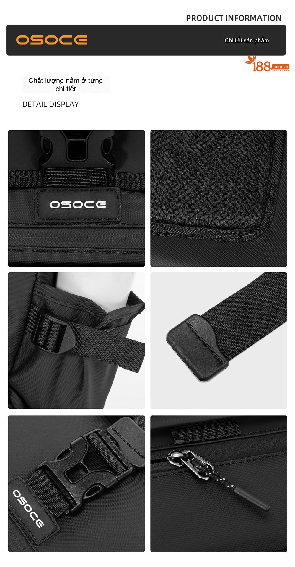 Túi Đeo Chéo Nam OSOCE Vải Oxford Chống Thấm Nước Đựng Laptop Dung Tích Lớn Màu Đen chi tiết 17