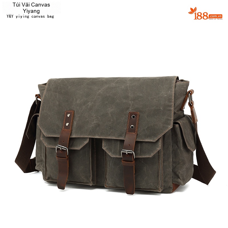 Túi Đeo Chéo Nam Vải Canvas Phối Da Túi Đựng Laptop Du Lịch Công Sở Màu Xanh Rêu, Nâu
