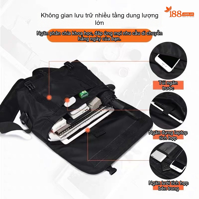 Túi Đeo Chéo Nam Vải Dệt Kiểu Nhật Bản Thời Trang Đường Phố, Túi Đựng Ipad Dung Tích Lớn Màu Đen