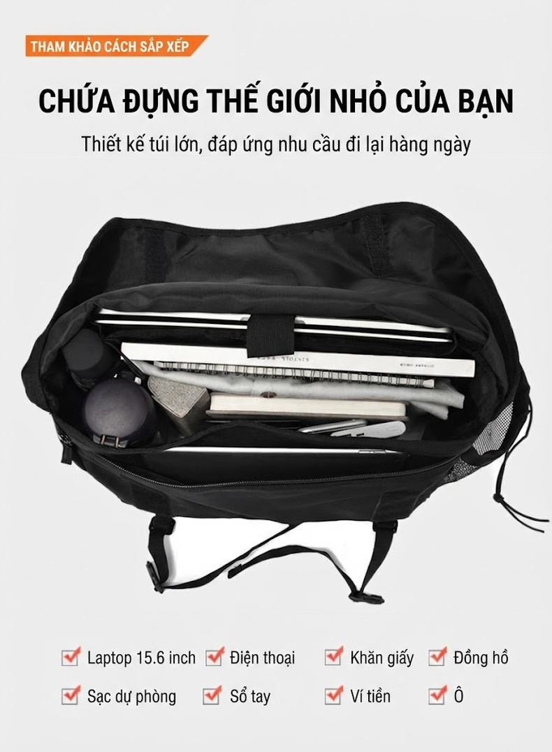 Túi Đeo Chéo Nam Vải Dệt Kiểu Nhật Bản Thời Trang Đường Phố, Túi Đựng Ipad Dung Tích Lớn Màu Đen chi tiết 13