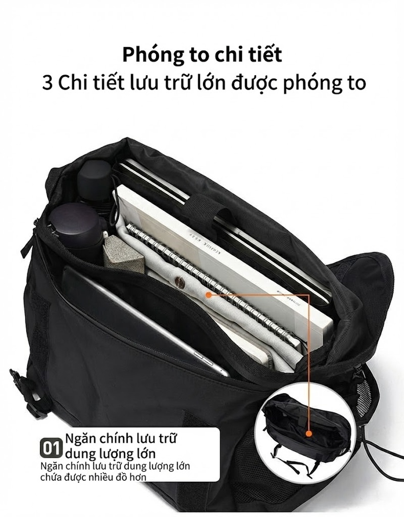 Túi Đeo Chéo Nam Vải Dệt Kiểu Nhật Bản Thời Trang Đường Phố, Túi Đựng Ipad Dung Tích Lớn Màu Đen chi tiết 14