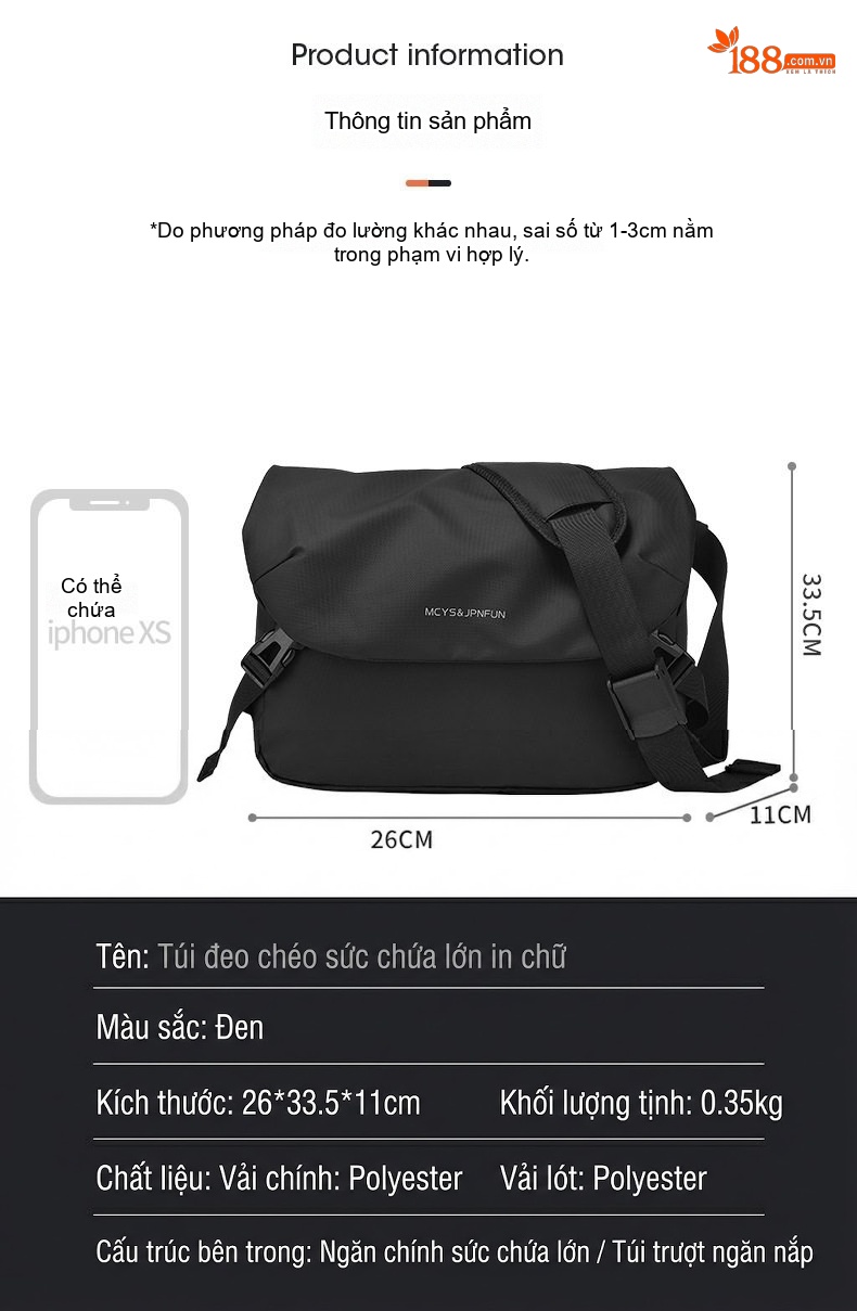 Túi Đeo Chéo Nam Vải Dù Thời Trang, Túi Đựng Ipad, Túi Messenger Đi Học Đi Làm Màu Đen chi tiết 8