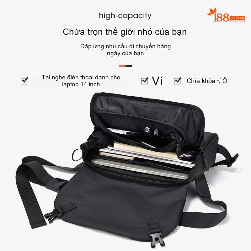 Túi Đeo Chéo Nam Vải Dù Thời Trang, Túi Đựng Ipad, Túi Messenger Đi Học Đi Làm Màu Đen