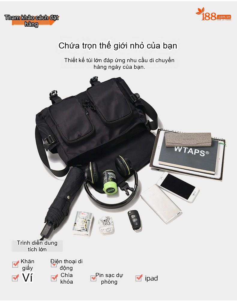 Túi Đeo Chéo Nam Vải Oxford Thiết Kế Nhiều Ngăn Phong Cách Thời Trang Màu Đen chi tiết 7