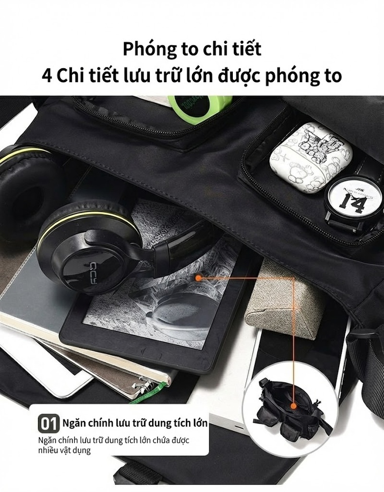 Túi Đeo Chéo Nam Vải Oxford Thiết Kế Nhiều Ngăn Phong Cách Thời Trang Màu Đen chi tiết 14