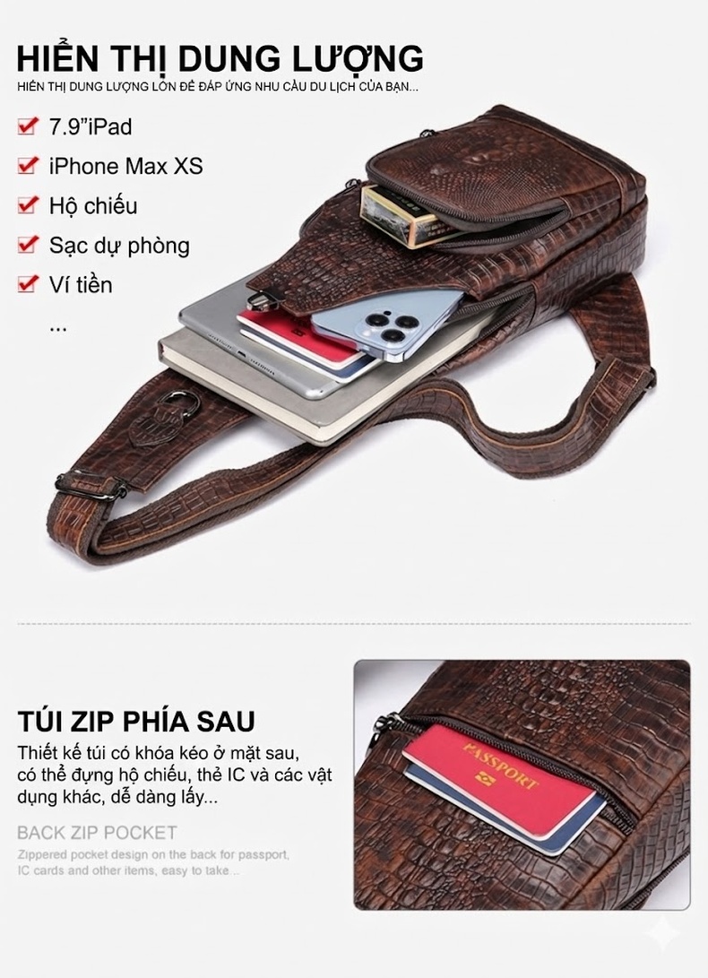 Túi Đeo Chéo Nam Vân Cá Sấu Da Bóng Đựng Ipad Mini Màu Nâu, Đen chi tiết 8