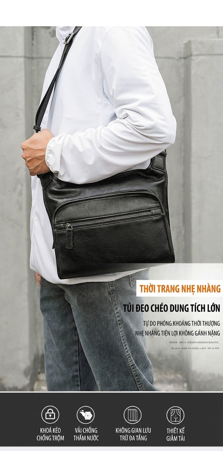 Túi Đeo Chéo/Ngực Nam Da Bò Cao Cấp Phong Cách Hàn Quốc Màu Đen chi tiết 11