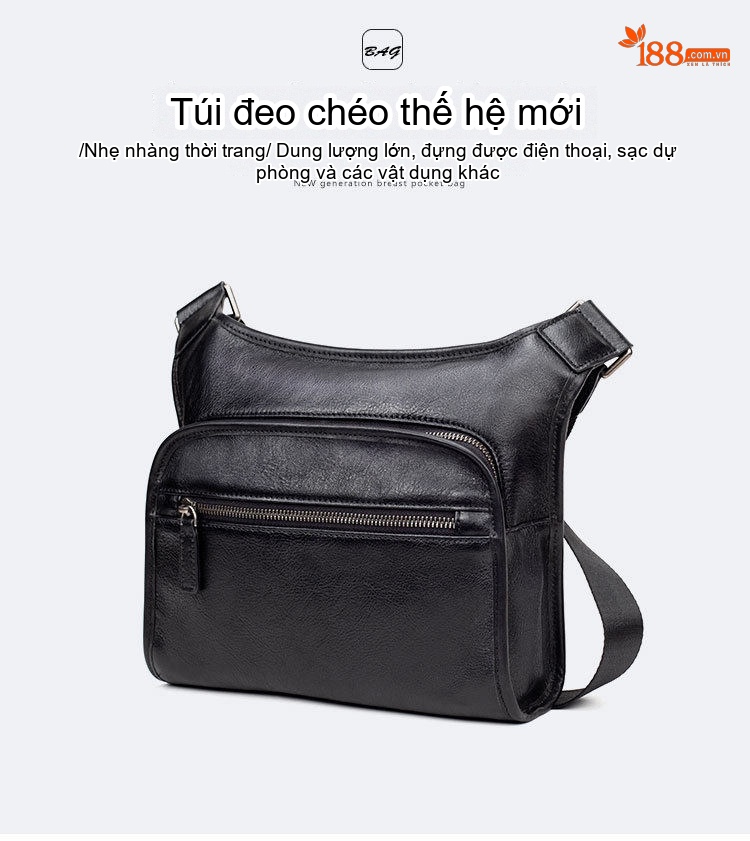Túi Đeo Chéo/Ngực Nam Da Bò Cao Cấp Phong Cách Hàn Quốc Màu Đen chi tiết 12