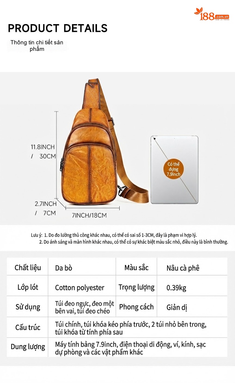 Túi Đeo Chéo Ngực Nam Da Bò Dáng Retro, Túi Đeo Vai Đựng Ipad Màu Nâu chi tiết 3