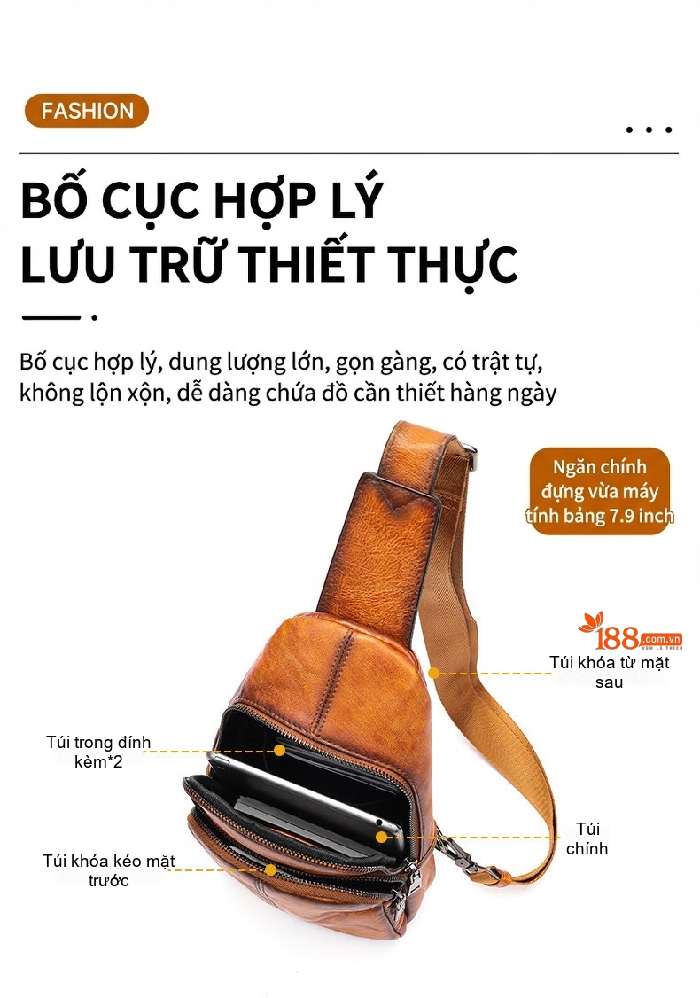 Túi Đeo Chéo Ngực Nam Da Bò Dáng Retro, Túi Đeo Vai Đựng Ipad Màu Nâu chi tiết 6
