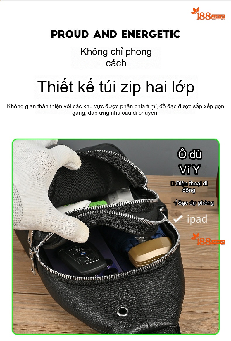 Túi Đeo Chéo Ngực Nam Da Bò Thật Phong Cách Hàn Quốc Màu Đen chi tiết 7