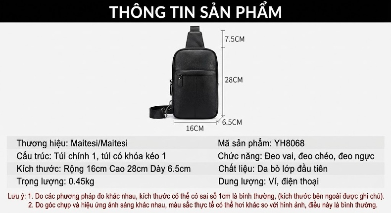 Túi Đeo Chéo Ngực Nam Da Bò Thật Phong Cách Hàn Quốc Màu Đen chi tiết 9