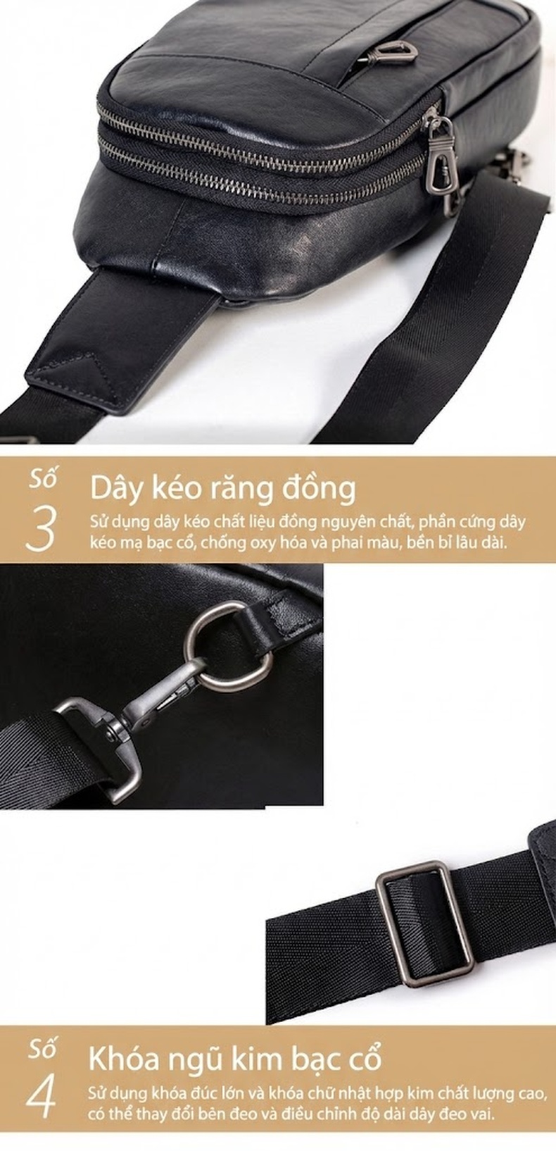 Túi Đeo Chéo Ngực Nam Da Bò Thật Phong Cách Hàn Quốc Màu Đen chi tiết 15