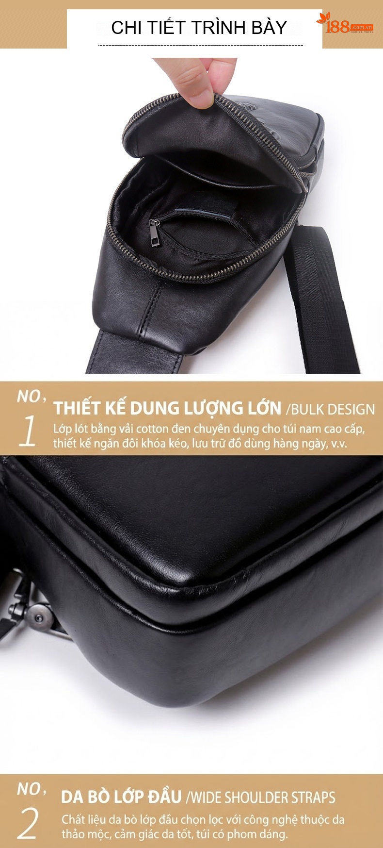 Túi Đeo Chéo Ngực Nam Da Bò Thật Phong Cách Hàn Quốc Màu Đen chi tiết 14