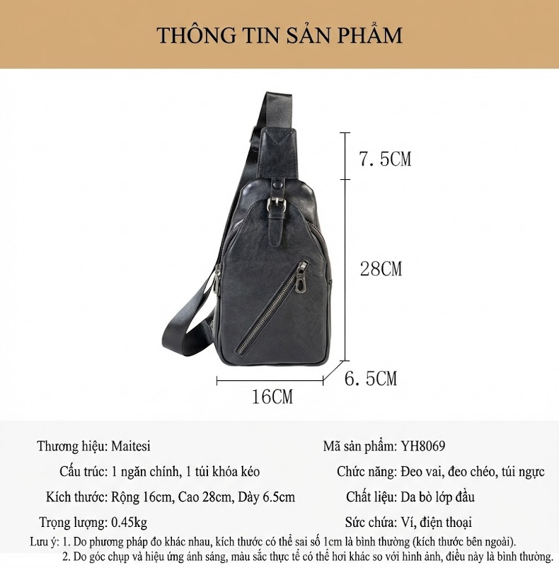 Túi Đeo Chéo Ngực Nam Da Bò Thật Phong Cách Hàn Quốc Màu Đen chi tiết 10