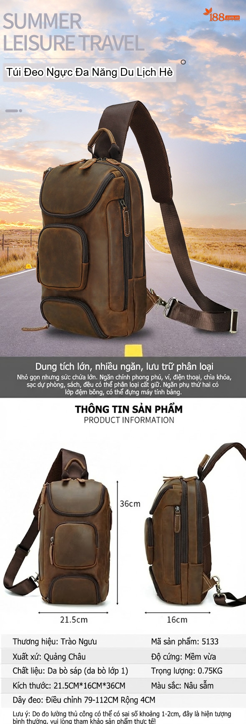 Túi Đeo Chéo Ngực Nam Da Bò Thật Phong Cách Outdoor chi tiết 2