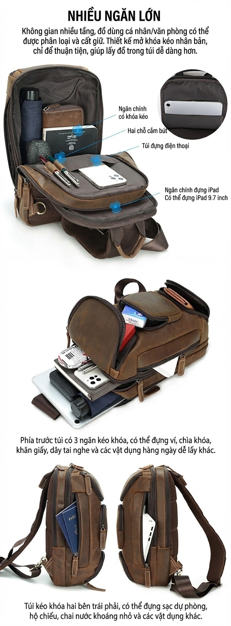 Túi Đeo Chéo Ngực Nam Da Bò Thật Phong Cách Outdoor chi tiết 3