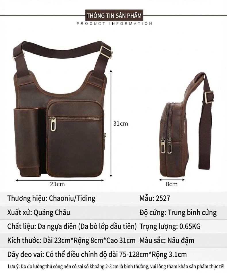 Túi Đeo Chéo Ngực Nam Da Bò Tùy Chỉnh Logo Phong Cách Chiến Thuật, Thể Thao Màu Nâu, Đen, Xanh Navy, Xanh Lá... chi tiết 2