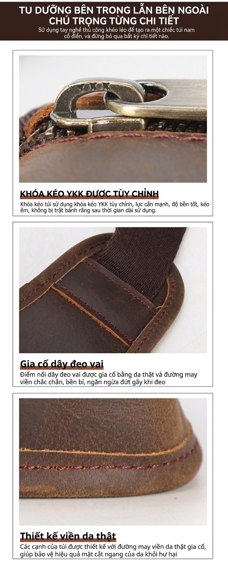 Túi Đeo Chéo Ngực Nam Da Bò Tùy Chỉnh Logo Phong Cách Chiến Thuật, Thể Thao Màu Nâu, Đen, Xanh Navy, Xanh Lá... chi tiết 8