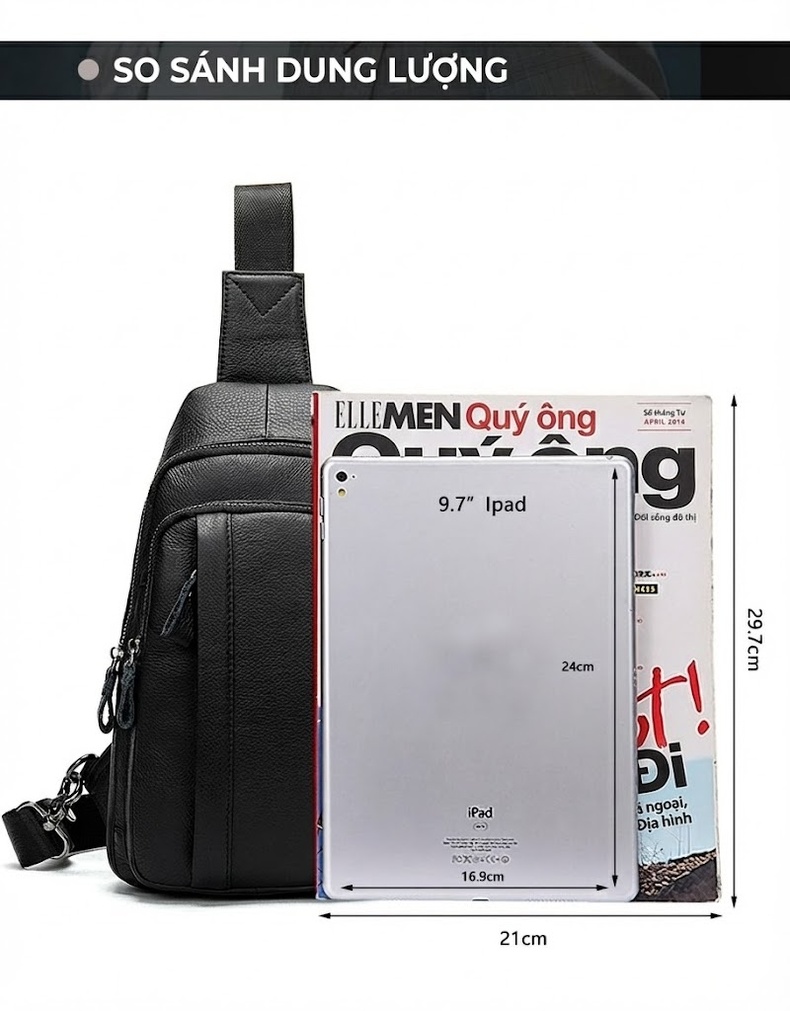 Túi Đeo Chéo Ngực Nam Da Bò Vân Litchi Phong Cách Hàn Quốc chi tiết 20