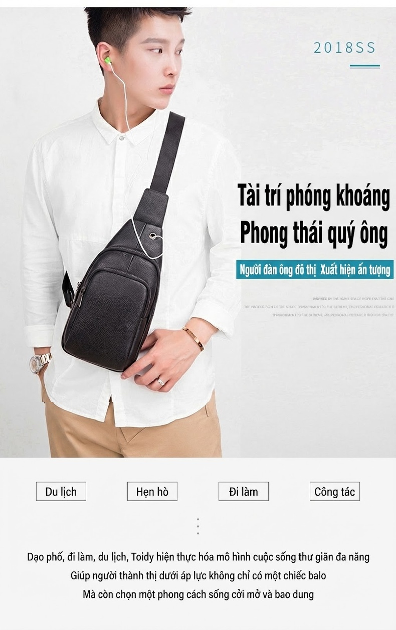 Túi Đeo Chéo Ngực Nam Da Thật Thời Trang Màu Đen, Nâu chi tiết 2