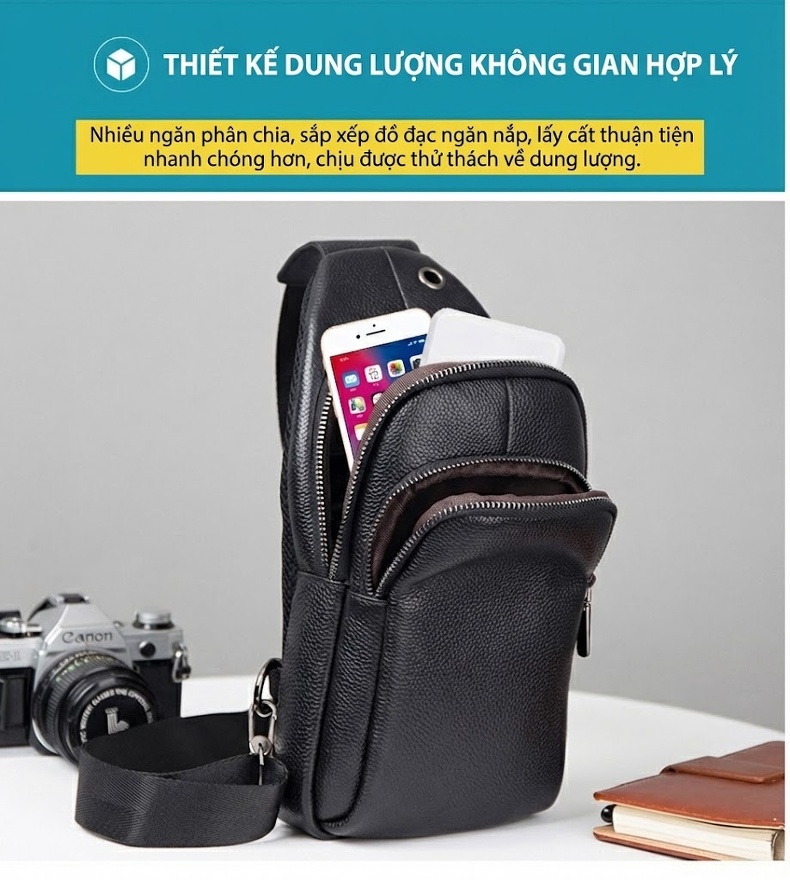 Túi Đeo Chéo Ngực Nam Da Thật Thời Trang Màu Đen, Nâu chi tiết 8