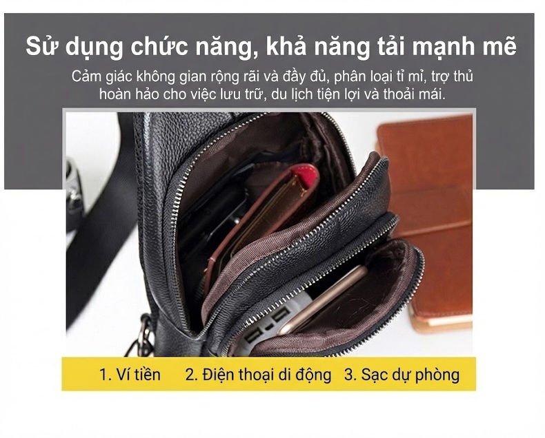 Túi Đeo Chéo Ngực Nam Da Thật Thời Trang Màu Đen, Nâu chi tiết 9