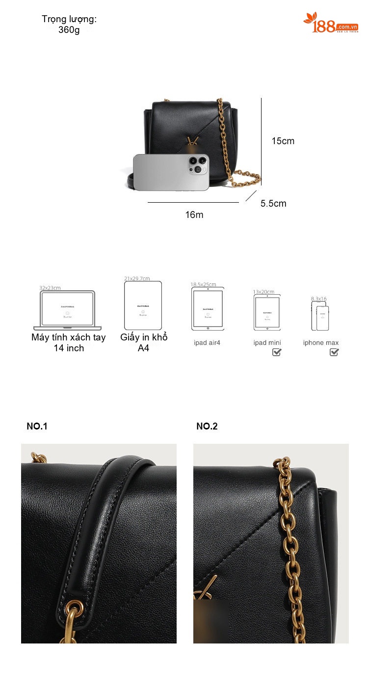 Túi Đeo Chéo Nữ Chần Bông Mini Dây Xích Đeo Vai Phong Cách Thời Trang Màu Đen, Đỏ chi tiết 3