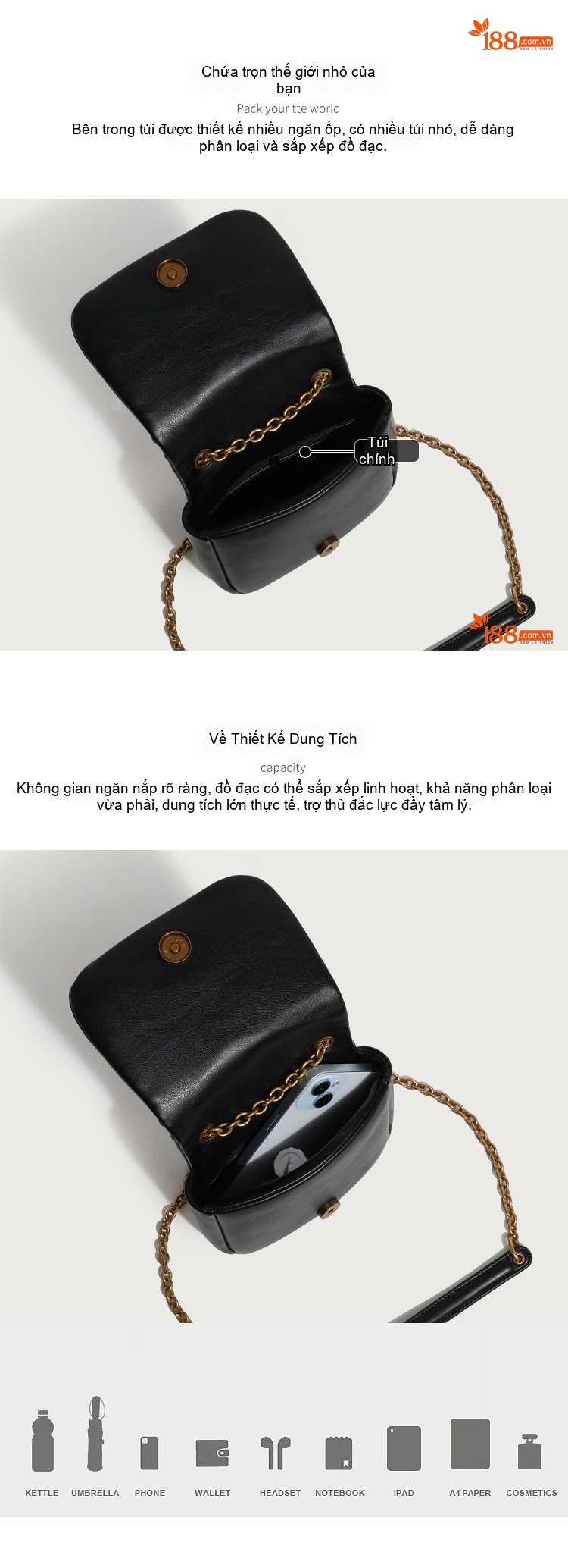 Túi Đeo Chéo Nữ Chần Bông Mini Dây Xích Đeo Vai Phong Cách Thời Trang Màu Đen, Đỏ chi tiết 4