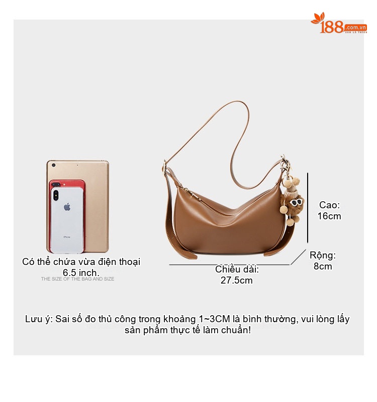 Túi Đeo Chéo Nữ Da Bò Dáng Bánh Bao Phong Cách Âu Mỹ Màu Nâu chi tiết 14