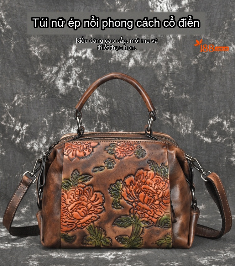 Túi Đeo Chéo Nữ Da Bò Dáng Hộp Hoa Văn Thủ Công Vintage Màu Nâu, Đỏ chi tiết 1
