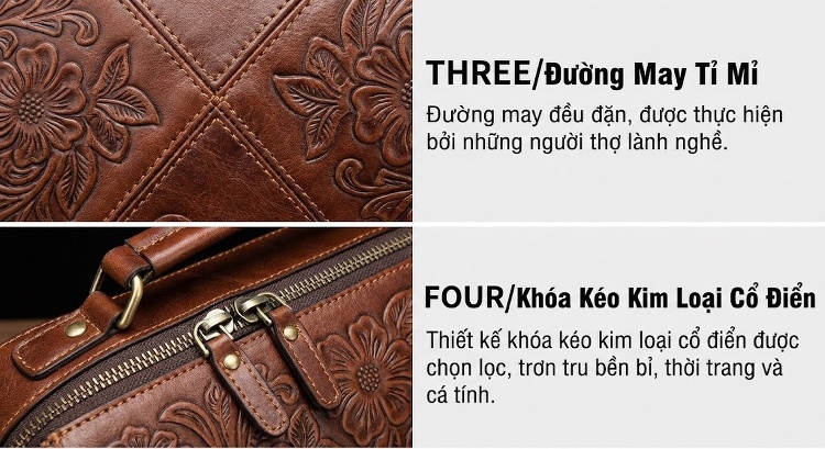 Túi Đeo Chéo Nữ Da Bò Dáng Hộp Hoa Văn Thủ Công Vintage Màu Nâu, Đỏ chi tiết 13