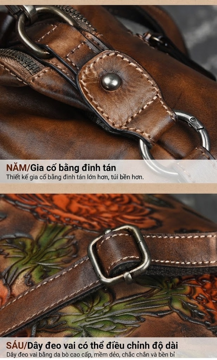 Túi Đeo Chéo Nữ Da Bò Dáng Hộp Hoa Văn Thủ Công Vintage Màu Nâu, Đỏ chi tiết 14