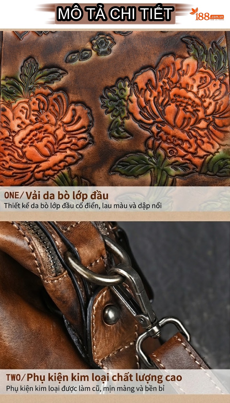 Túi Đeo Chéo Nữ Da Bò Dáng Hộp Hoa Văn Thủ Công Vintage Màu Nâu, Đỏ chi tiết 12