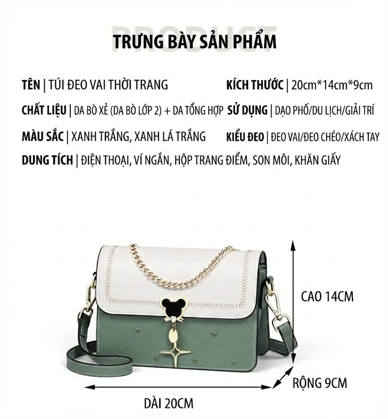 Túi Đeo Chéo Nữ Da Bò Dáng Hộp Nhỏ Quai Xích Phong Cách Hàn Quốc Màu Trắng, Xanh chi tiết 9