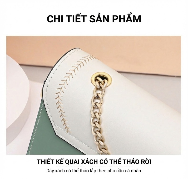 Túi Đeo Chéo Nữ Da Bò Dáng Hộp Nhỏ Quai Xích Phong Cách Hàn Quốc Màu Trắng, Xanh chi tiết 16