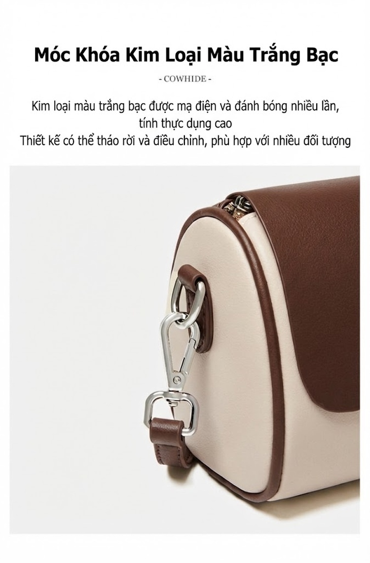 Túi Đeo Chéo Nữ Da Bò Dáng Tròn Đeo Vai Phong Cách Hàn Quốc Màu Nâu, Kem chi tiết 9
