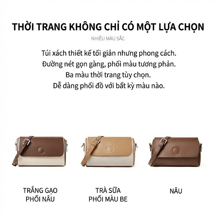 Túi Đeo Chéo Nữ Da Bò Dáng Tròn Đeo Vai Phong Cách Hàn Quốc Màu Nâu, Kem chi tiết 4