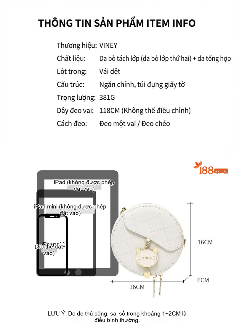 Túi Đeo Chéo Nữ Da Bò Dáng Tròn Nhỏ Gọn Phong Cách Sang Trọng Màu Trắng Kem chi tiết 1