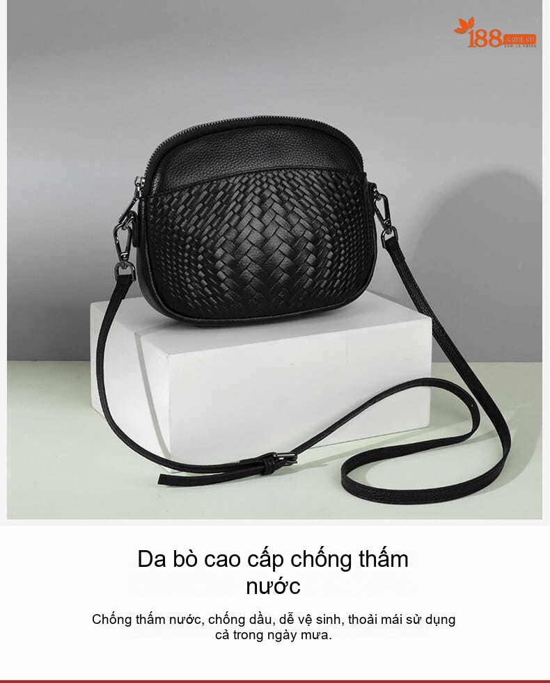 Túi Đeo Chéo Nữ Da Bò Dáng Tròn Nhỏ Gọn Phong Cách Thời Trang Màu Đen, Tím chi tiết 5