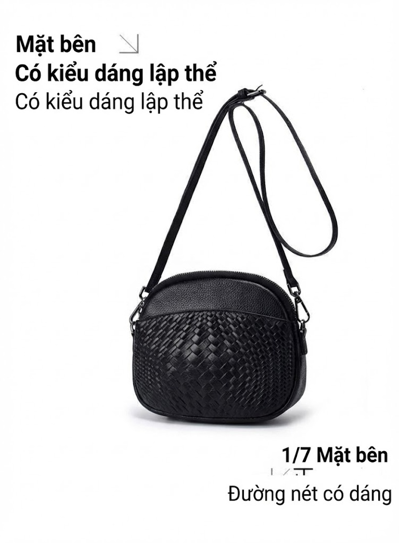 Túi Đeo Chéo Nữ Da Bò Dáng Tròn Nhỏ Gọn Phong Cách Thời Trang Màu Đen, Tím chi tiết 12
