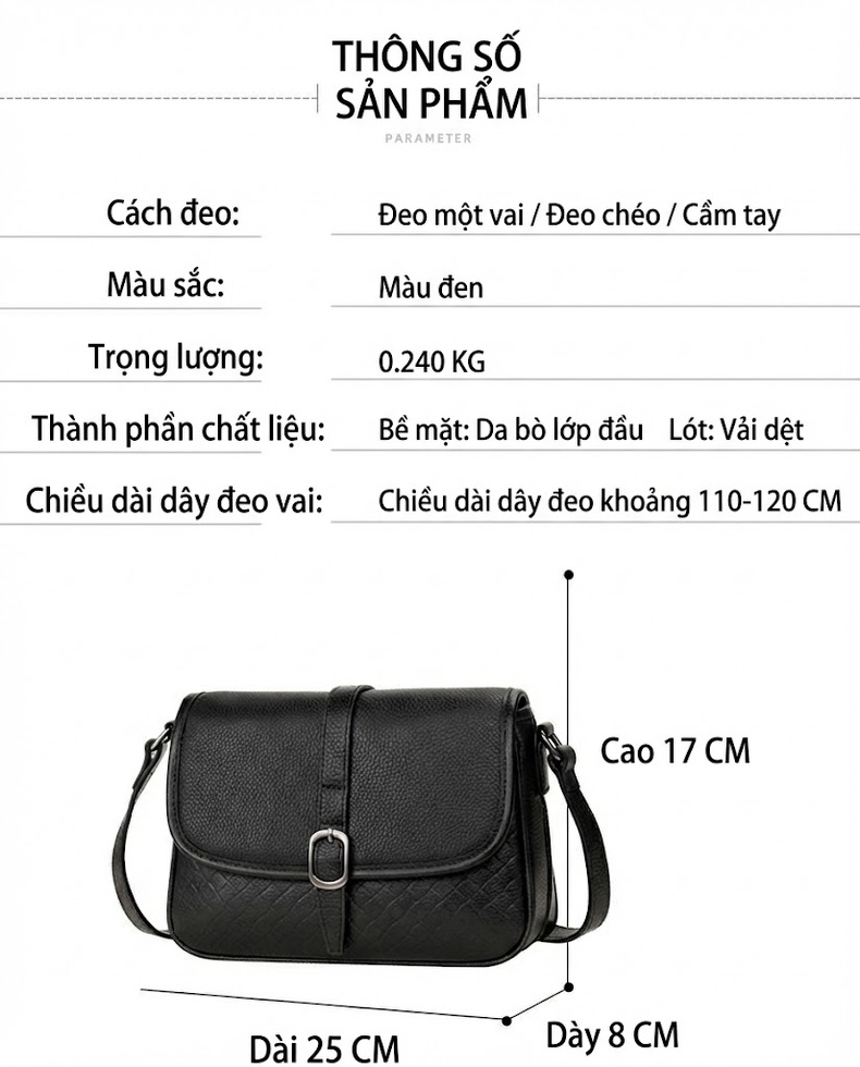 Túi Đeo Chéo Nữ Da Bò Dáng Vuông Nắp Gập Đan Chéo Phong Cách Hàn Quốc Màu Đen chi tiết 5