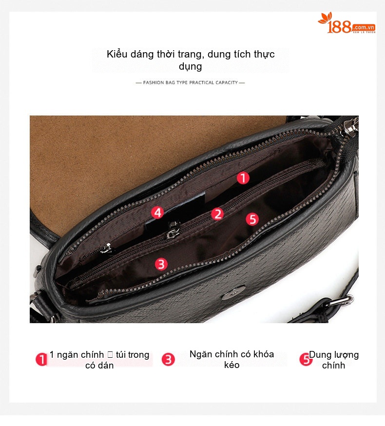 Túi Đeo Chéo Nữ Da Bò Dáng Vuông Nắp Gập Đan Chéo Phong Cách Hàn Quốc Màu Đen chi tiết 7